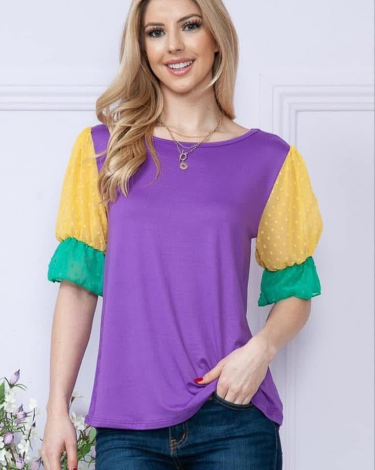 Purple Green  & Gold Mardi Gras Puff Short Sleeve Top