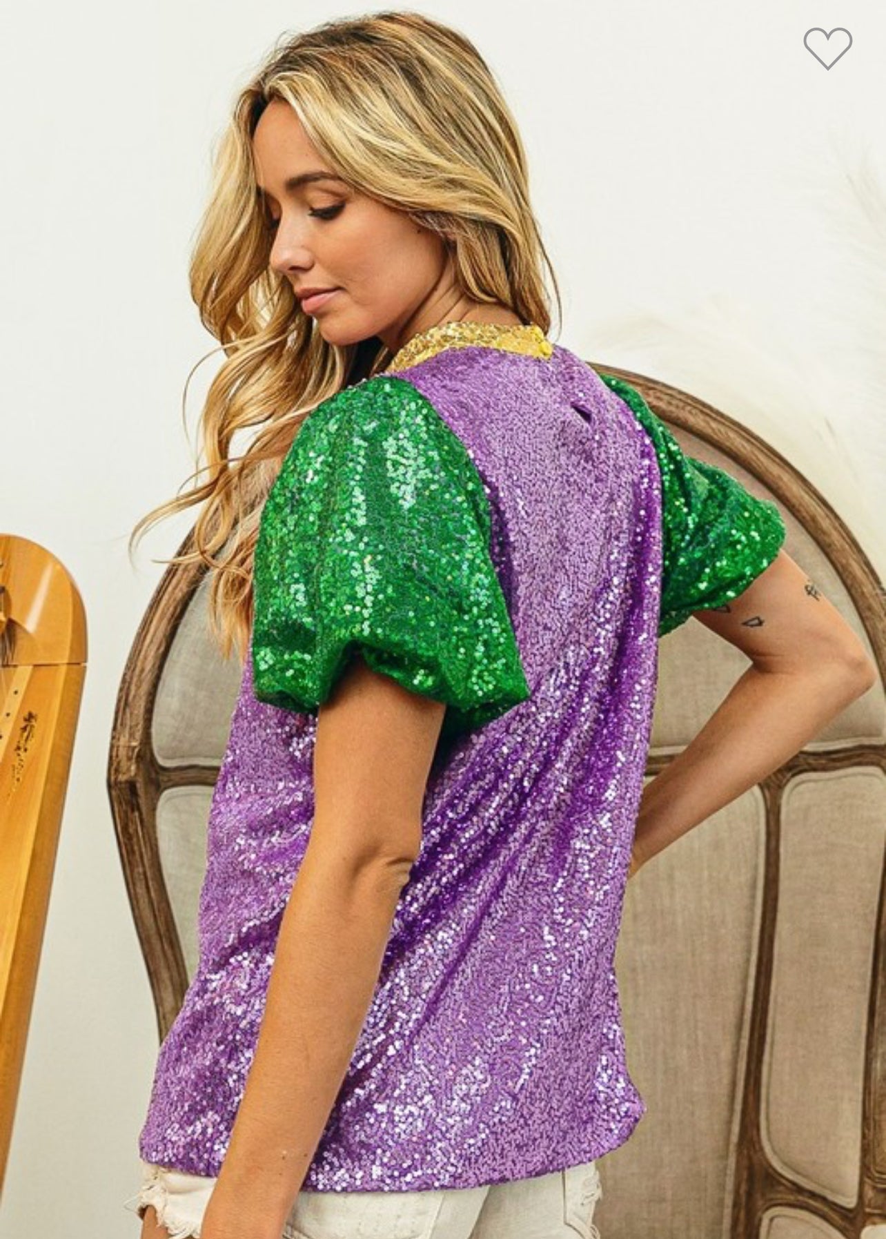 Purple Green and Gold Short Puff Sleeve Sequin Mardi Gras Mock Neck Top