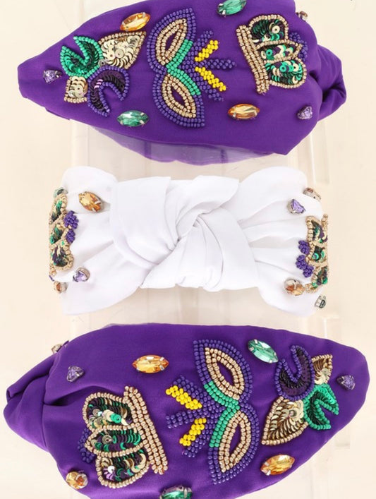 Beaded Sequin Mardi Gras Crown Mask and Fleur de Lis Headband