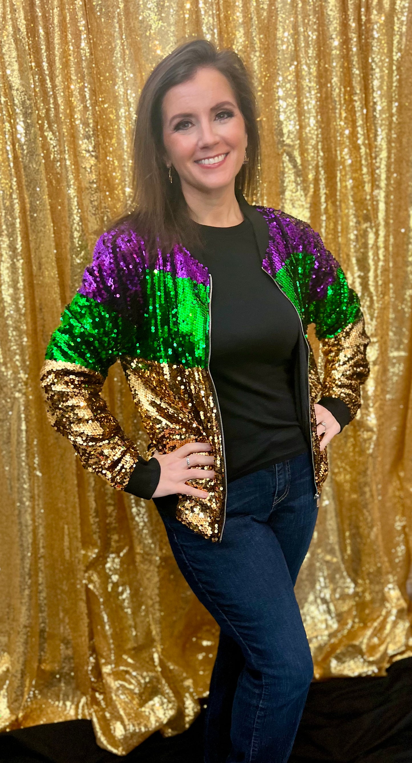 Full Sequin Mardi Gras Block Color Jacket w/ Black Neck and Wrists
