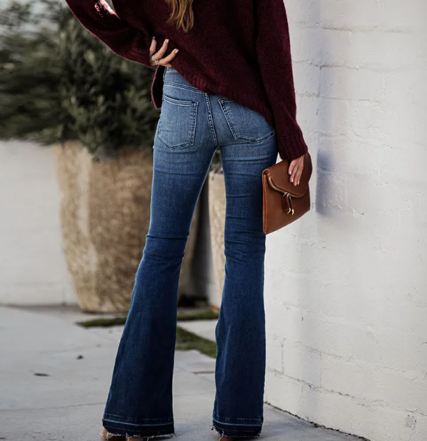 Dark Washed Flare Jeans with Shag Bottoms