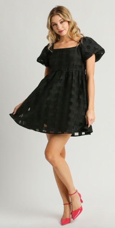 Sheer Black Checkered Babydoll Bubble Sleeve Mini Dress