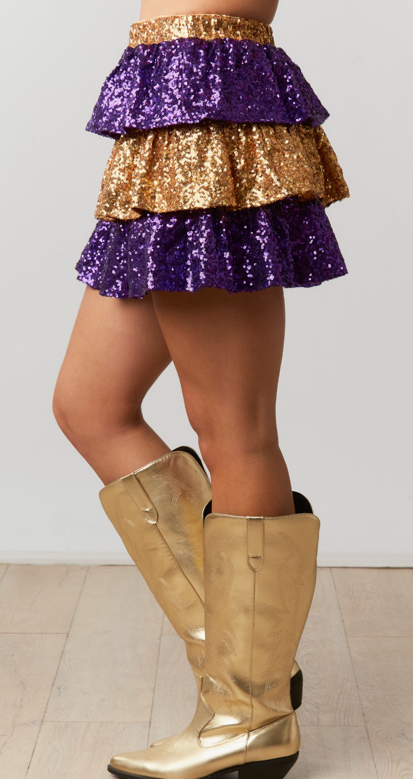Purple and Gold Tiered Sequin Mini Skort