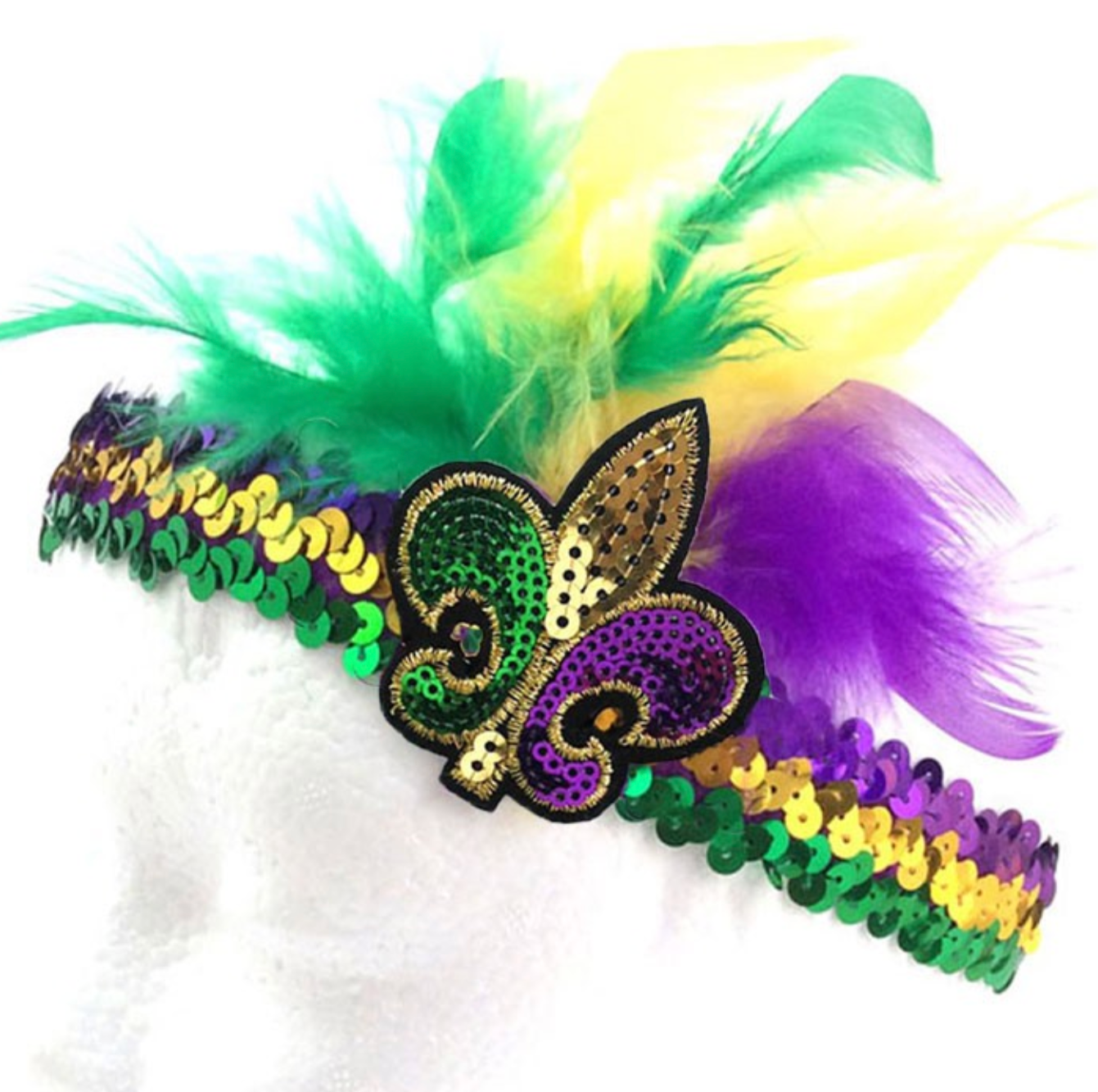 Mardi Gras Sequin Fleur de Lis Feather Stretch Headband