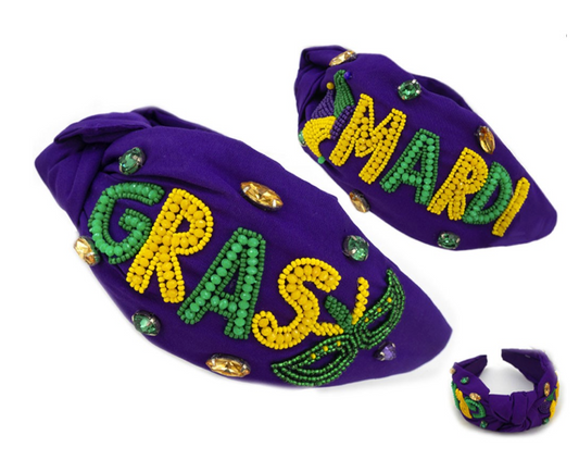 Purple Beaded Mardi Gras Text Headband