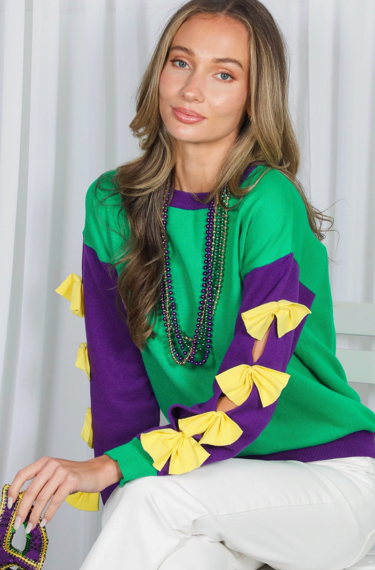 Long Sleeve Purple Green & Gold Mardi Gras Sweater with Bow Sleeves
