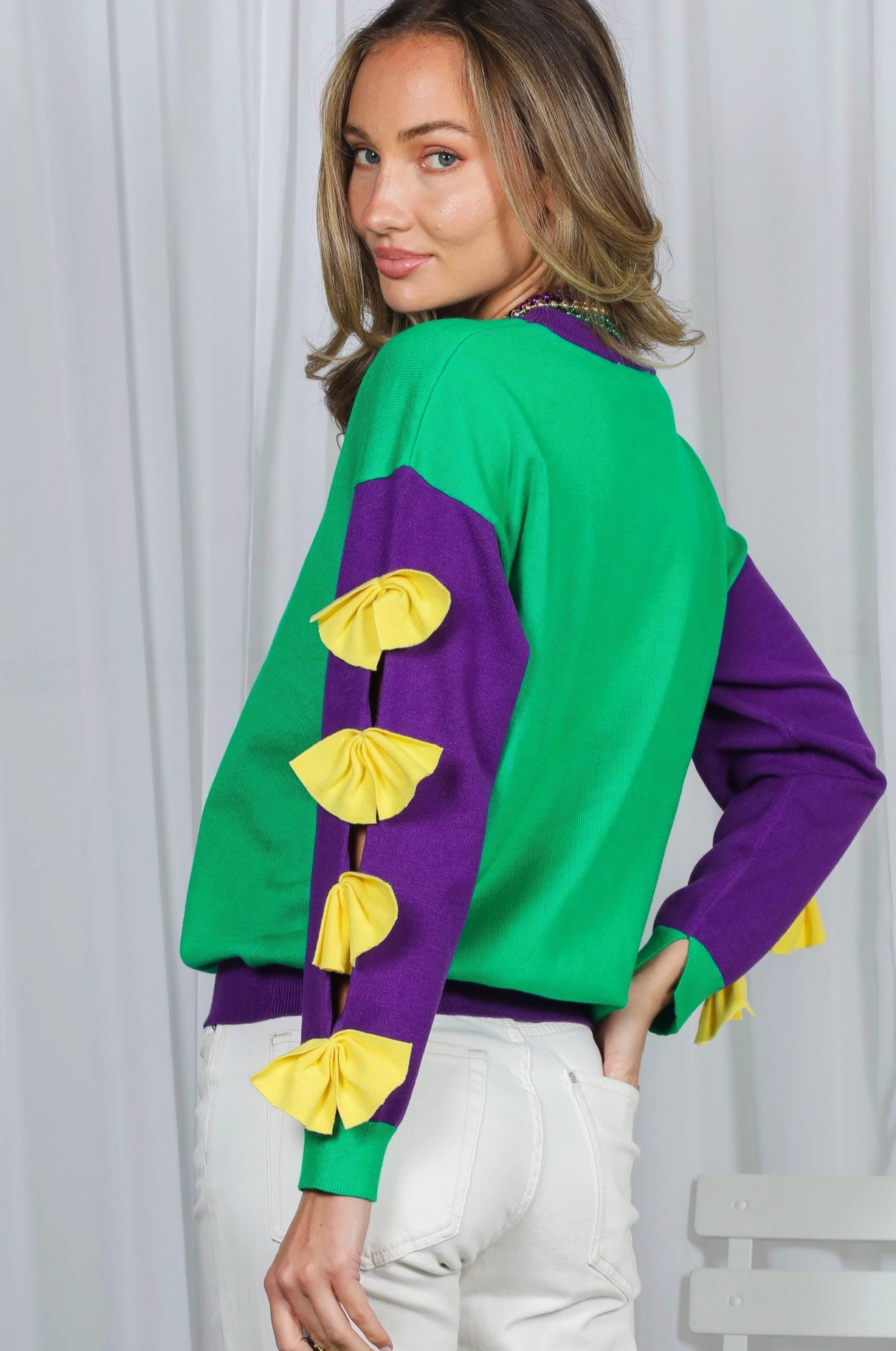 Long Sleeve Purple Green & Gold Mardi Gras Sweater with Bow Sleeves