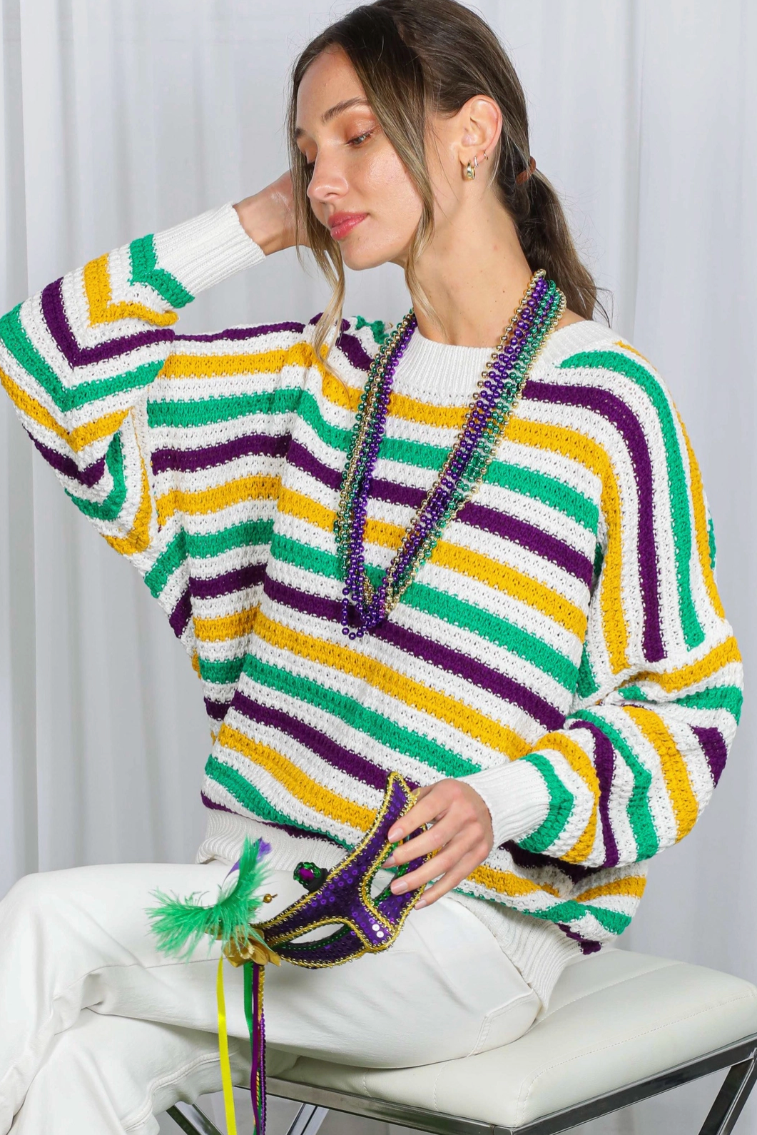 Long Sleeve Ivory Purple Green & Gold Mardi Gras Stripe Knit Sweater