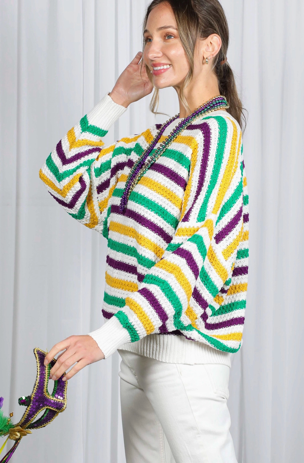 Long Sleeve Ivory Purple Green & Gold Mardi Gras Stripe Knit Sweater