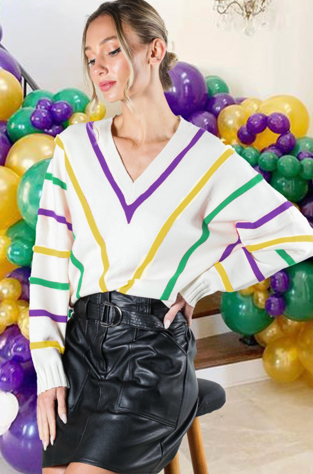 Long Dolman Sleeve Purple Green & Gold Line Mardi Gras V-neck Sweater