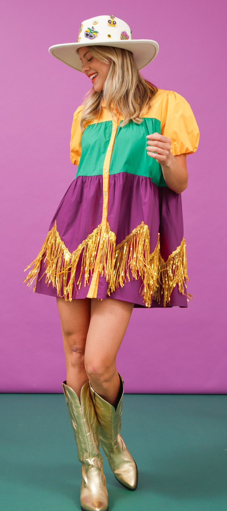 Short Bubble Sleeved Button Down Tassel Mardi Gras Dress w/ Pockets