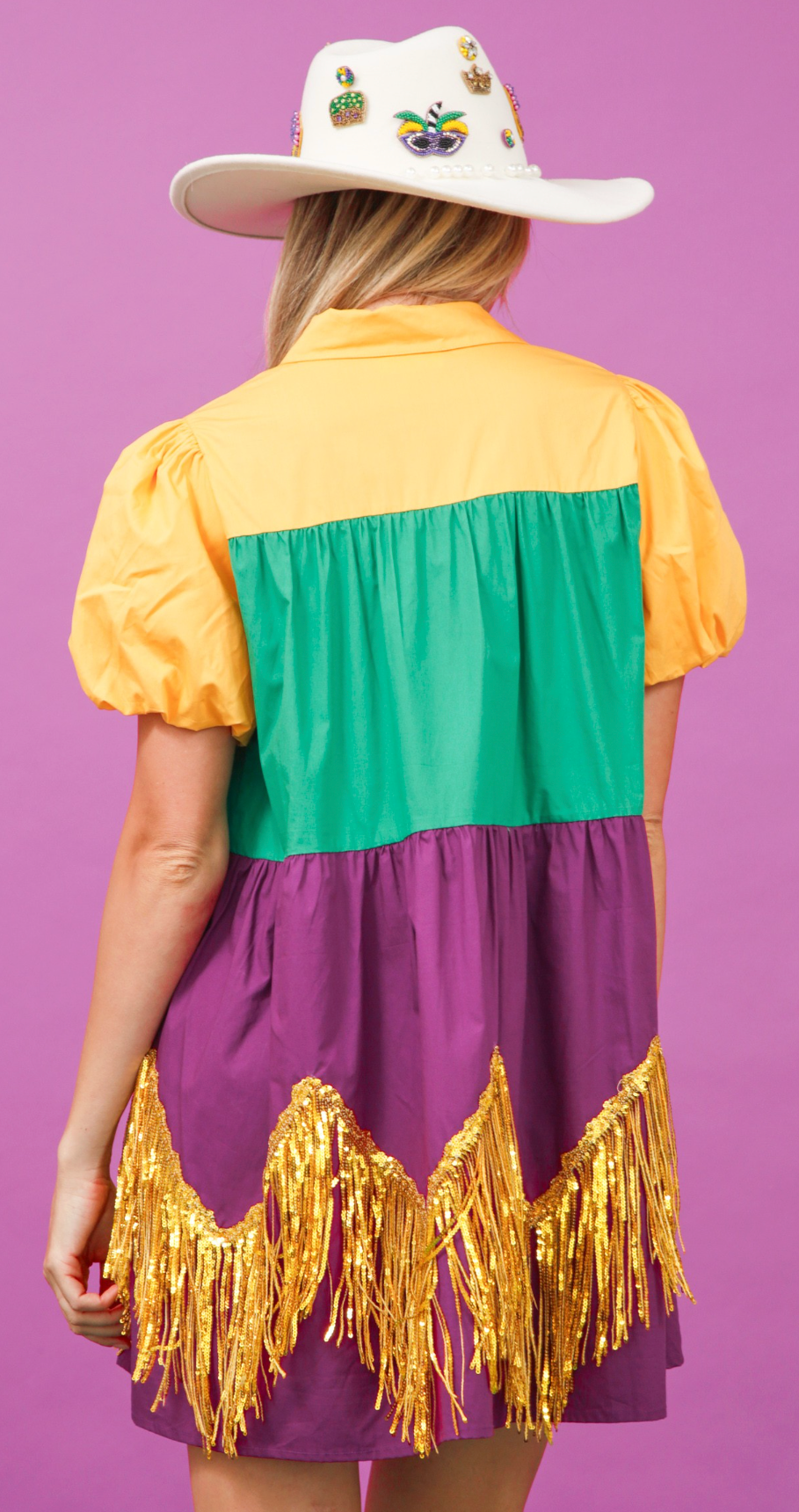 Short Bubble Sleeved Button Down Tassel Mardi Gras Dress w/ Pockets