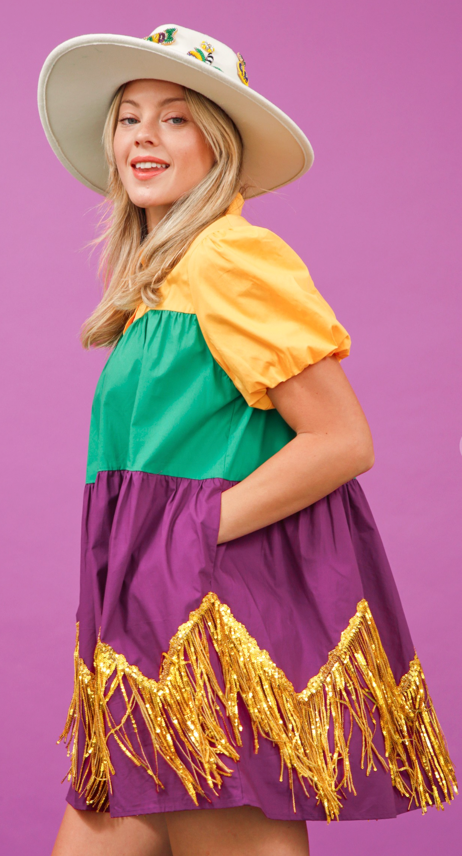 Short Bubble Sleeved Button Down Tassel Mardi Gras Dress w/ Pockets