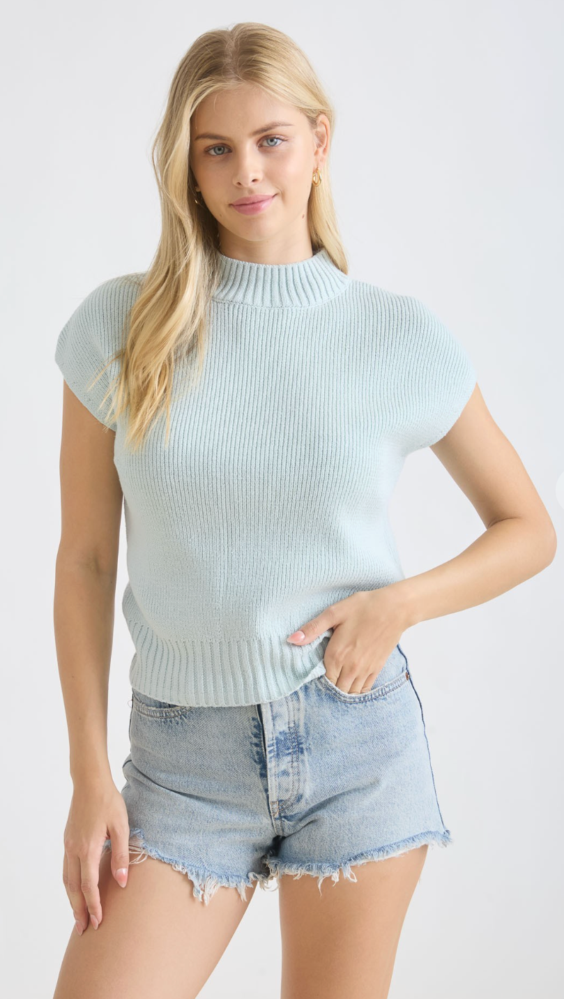 Mint Mock Neck Cap Sleeve Pullover Sweater Top