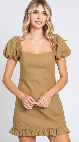 Mocha Sheath Mini Dress with Puff Sleeves and a Ruffle Bottom.