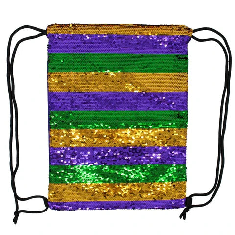 Purple Green and Gold Striped Sequin Drawstring Mardi Gras Bag