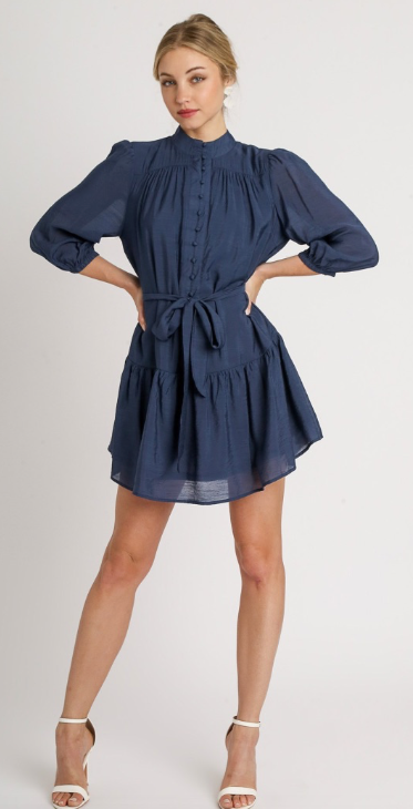 Navy Blue Lined Half Button Mandarin Neck Dress with a Bow Tie Wrap