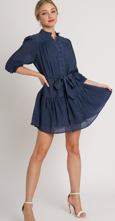 Navy Blue Lined Half Button Mandarin Neck Dress with a Bow Tie Wrap