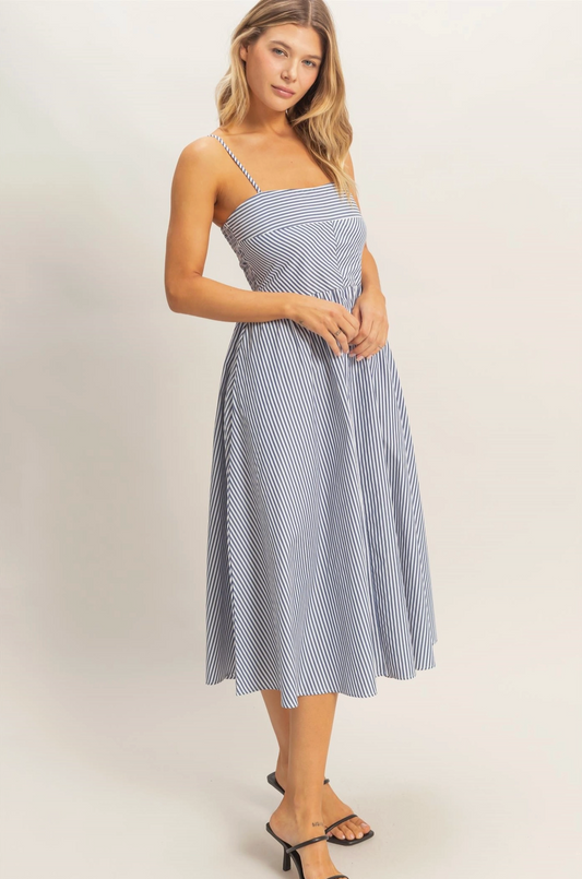 Navy Spaghetti Stripe Bodice Midi Dress