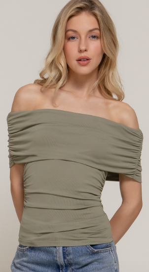 Off the Shoulder Short Sleeve Olive Green Ruched Knit Top