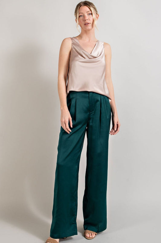 High Waist Dark Teal Straight Leg Satin Pleated Pants