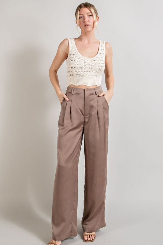 High Waist Coco Khaki Straight Leg Satin Pleated Pants