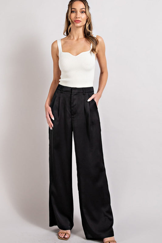 High Waist Black Straight Leg Satin Pleated Pants