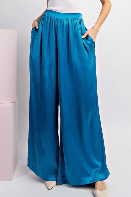 Aqua Blue Satin Wide Leg Pants