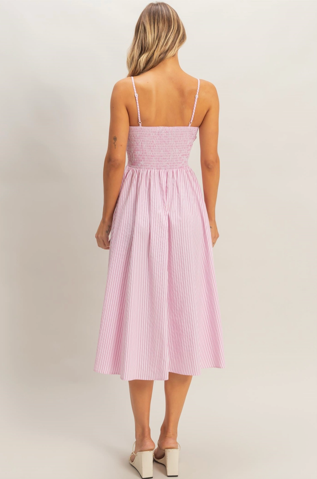 Pink Spaghetti Striped Bodice Midi Dress