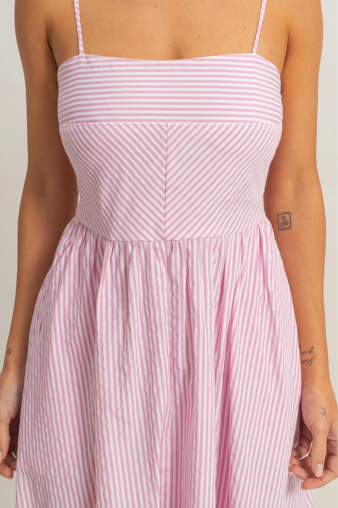Pink Spaghetti Striped Bodice Midi Dress