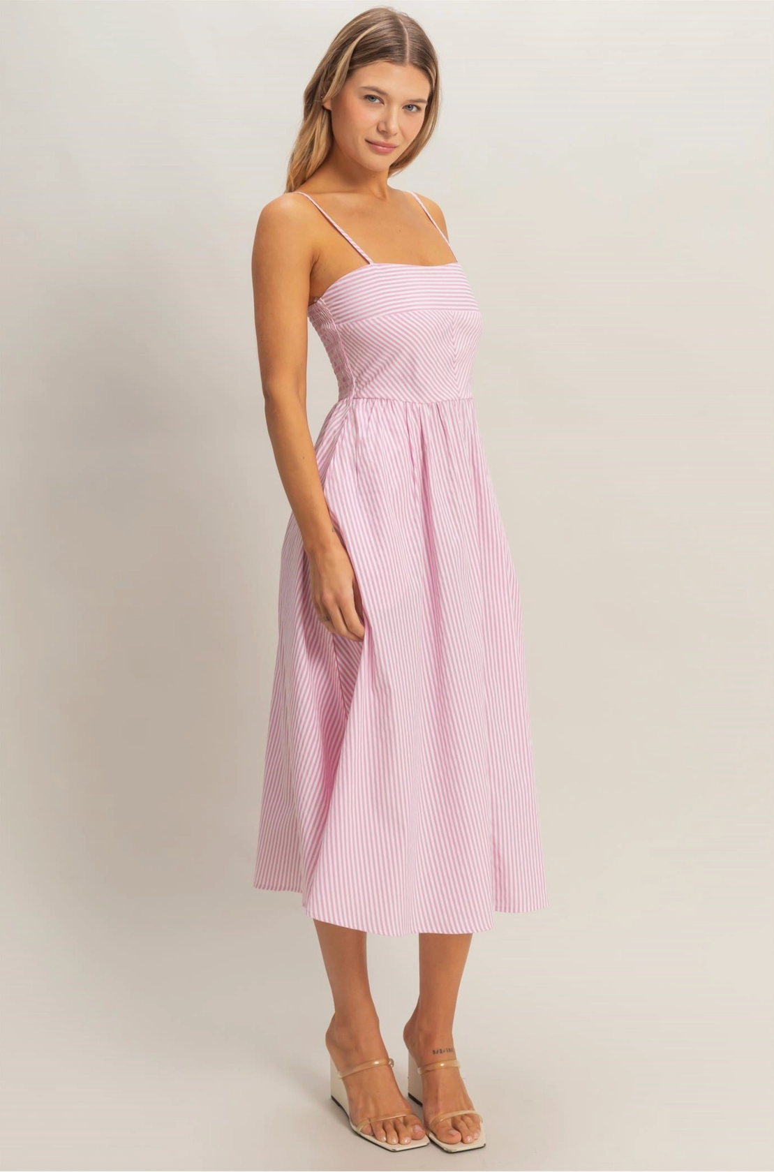 Pink Spaghetti Striped Bodice Midi Dress