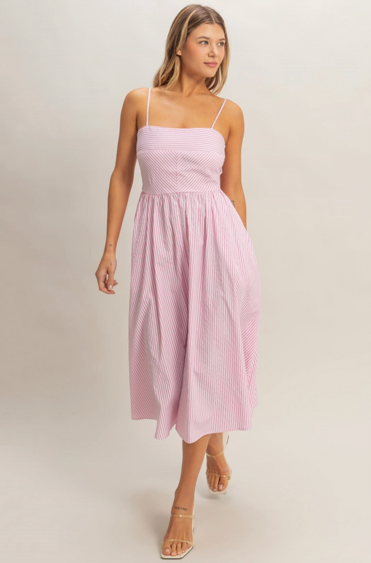 Pink Spaghetti Striped Bodice Midi Dress