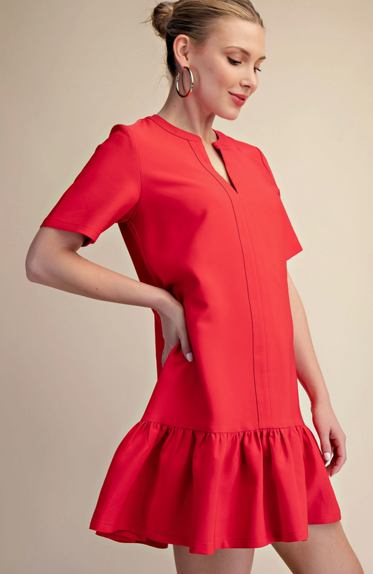 Red V-Neck Drop Waist Flare Hem Mini Dress