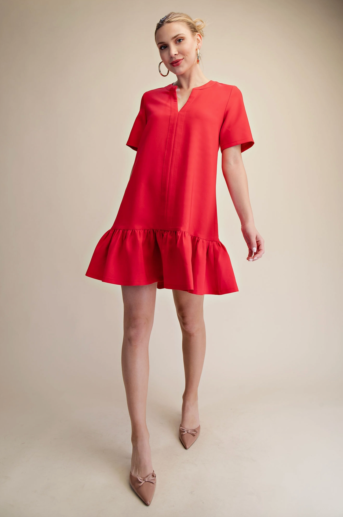 Red V-Neck Drop Waist Flare Hem Mini Dress
