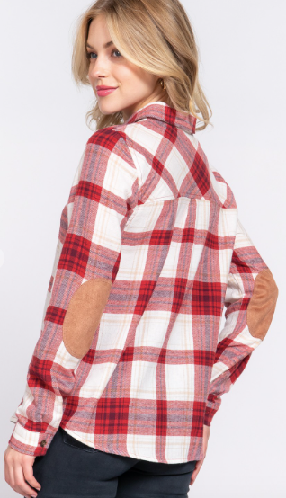 Ivory & Red Long Sleeve Flannel with faux Suede Patch Button Down Plaid Shirt