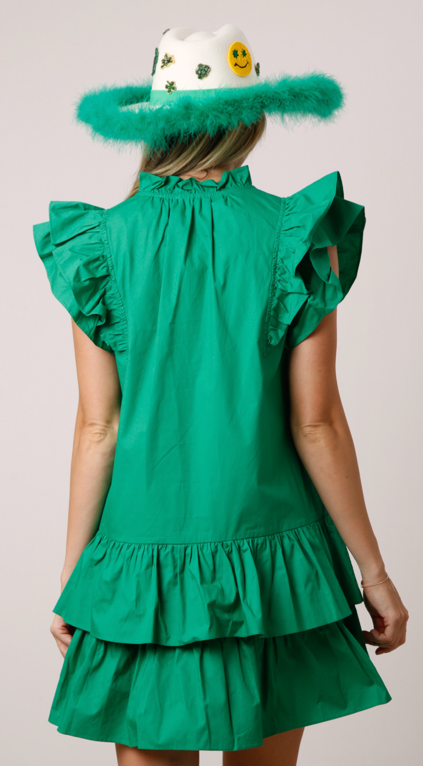 Kelly Green Tiered Flutter Dress with White Sequin Star Patches outlined in Thin Red Line