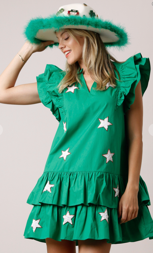 Kelly Green Tiered Flutter Dress with White Sequin Star Patches outlined in Thin Red Line