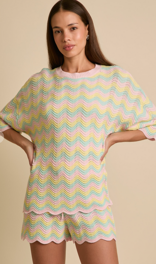 Pastel Woven Knit Scalloped Stripe 3/4 Sleeve Top and Bottom Set