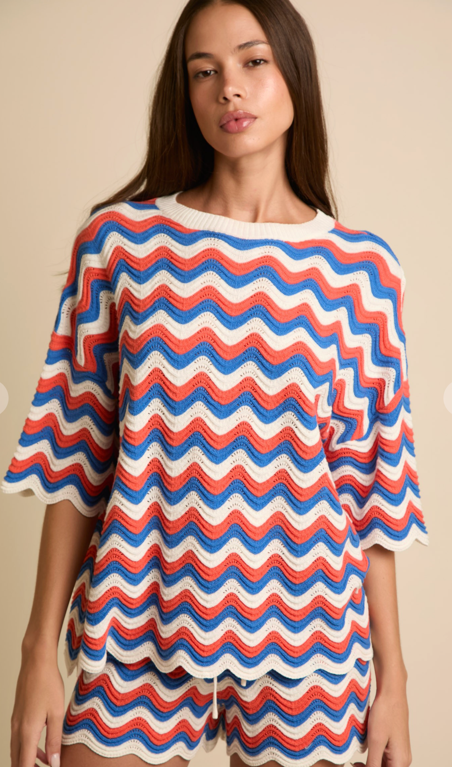 Blue & Orange Woven Knit Scalloped Stripe 3/4 Sleeve Top and Bottom Set
