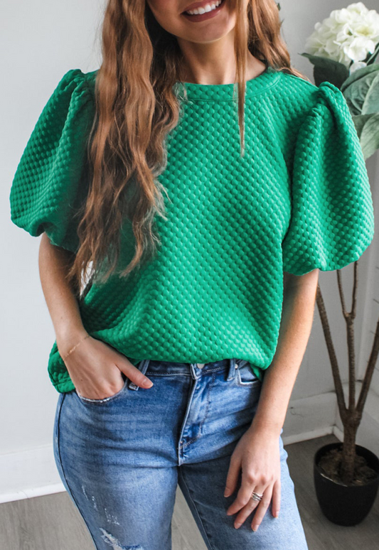 Kelly Green Textured Bubble Short Sleeve Top