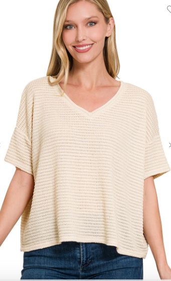 Sand Beige Short Sleeve Jacquard Sweater
