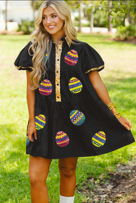 Black Oversized Sequin Easter Egg Dress with Gold Sequin Trim Dress