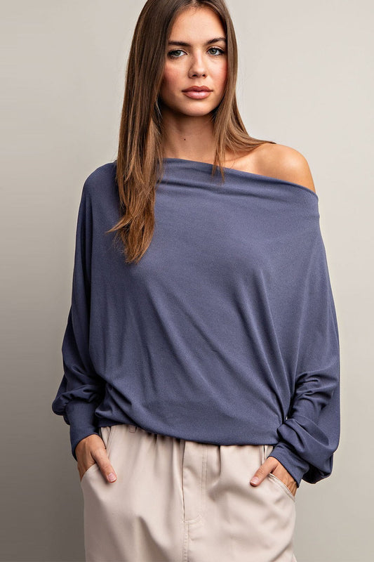 Slate Blue Light Weight Off the Shoulder Blouse