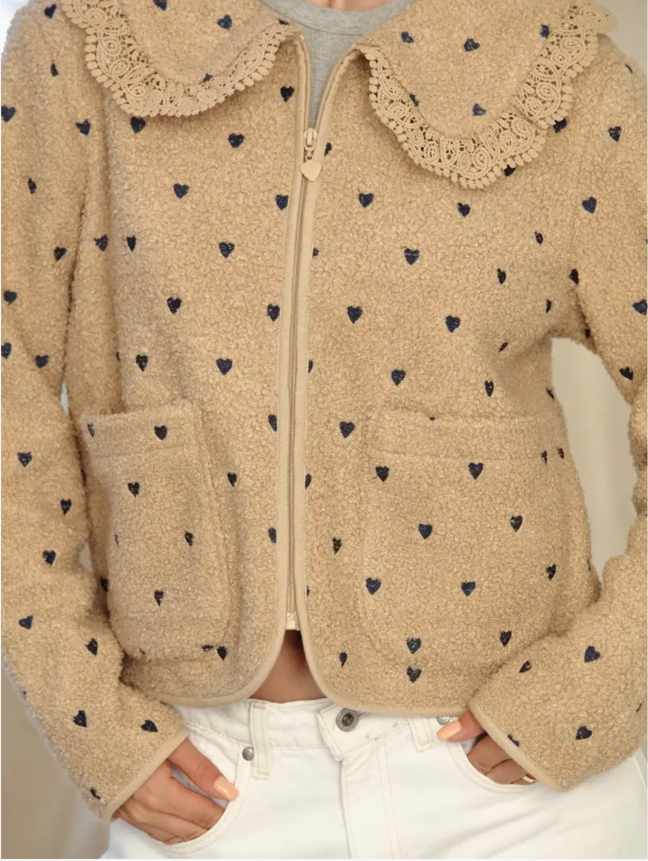 Tan Sherpa Peter Pan Jacket with Navy Blue Hearts