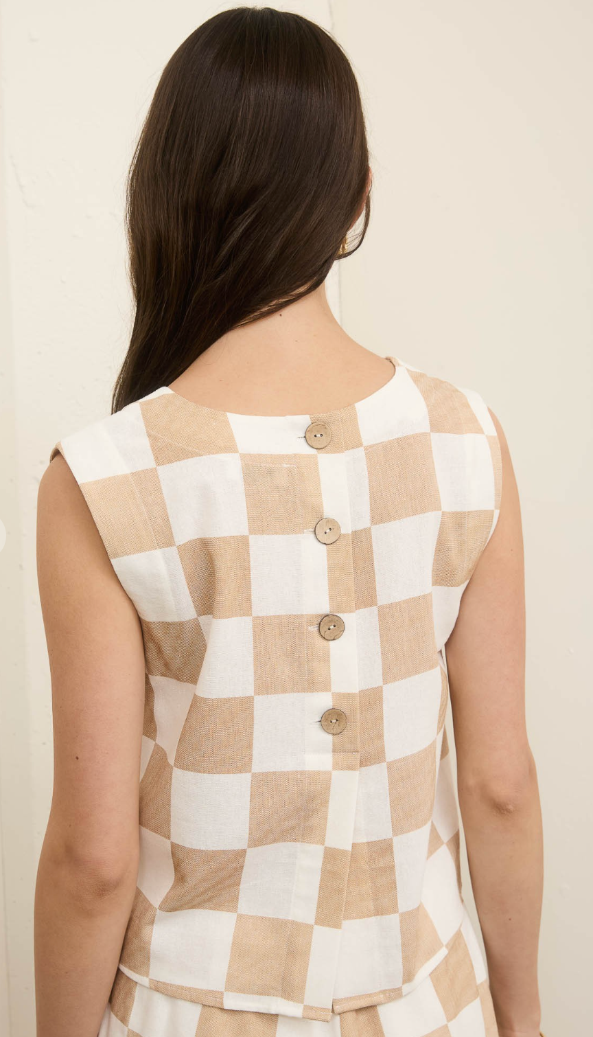 Checkered Beige Linen Blend Sleeveless Top with Button Down Back Closure & Matching Shorts Set