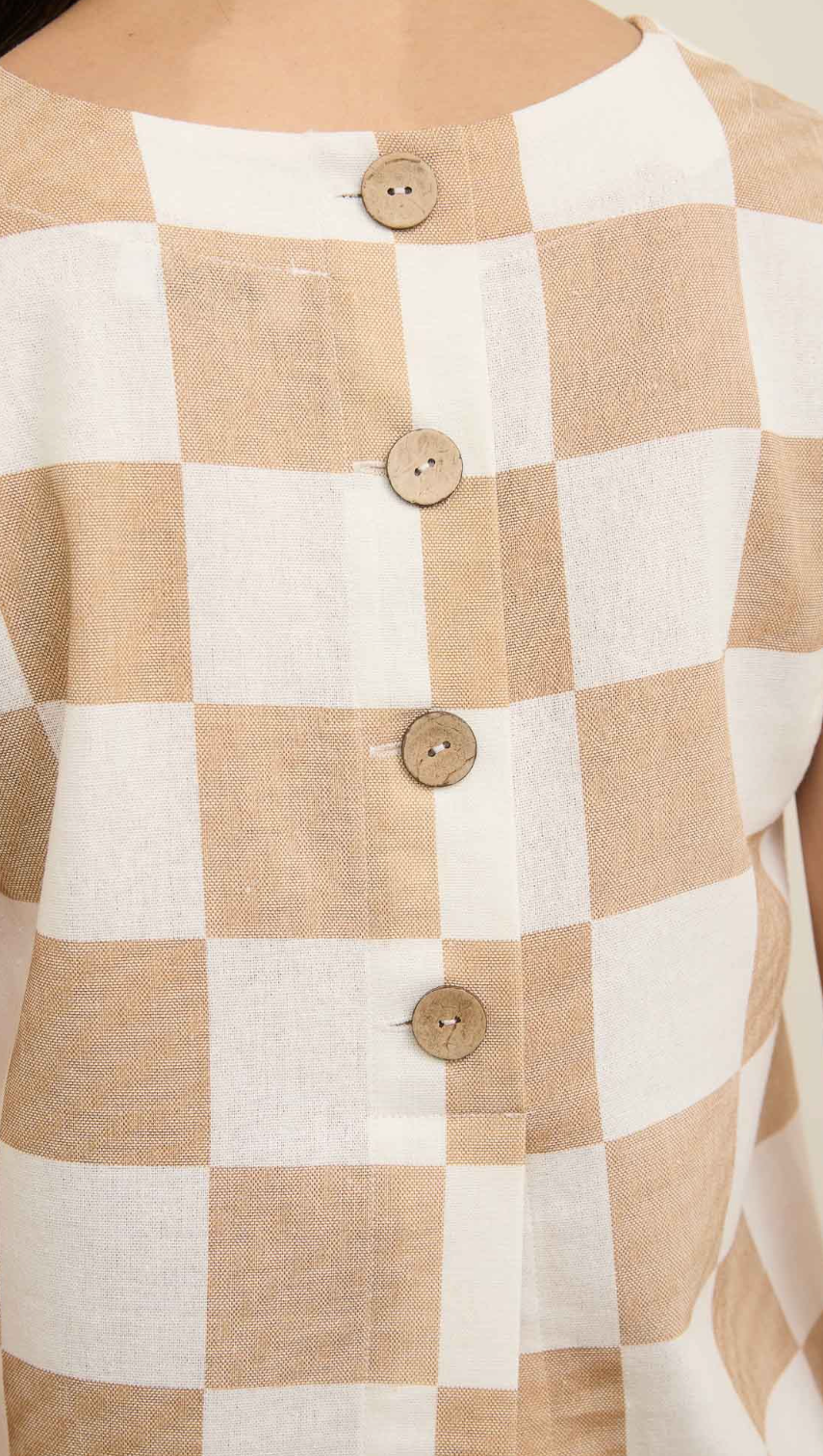 Checkered Beige Linen Blend Sleeveless Top with Button Down Back Closure & Matching Shorts Set