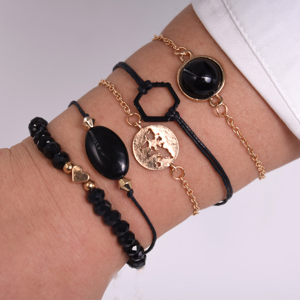 Five Piece Black and Gold Fashion Bracelet Set