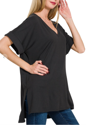 Zenana Black Oversized High- Low Hem Rolled Short Sleeve V-neck Top