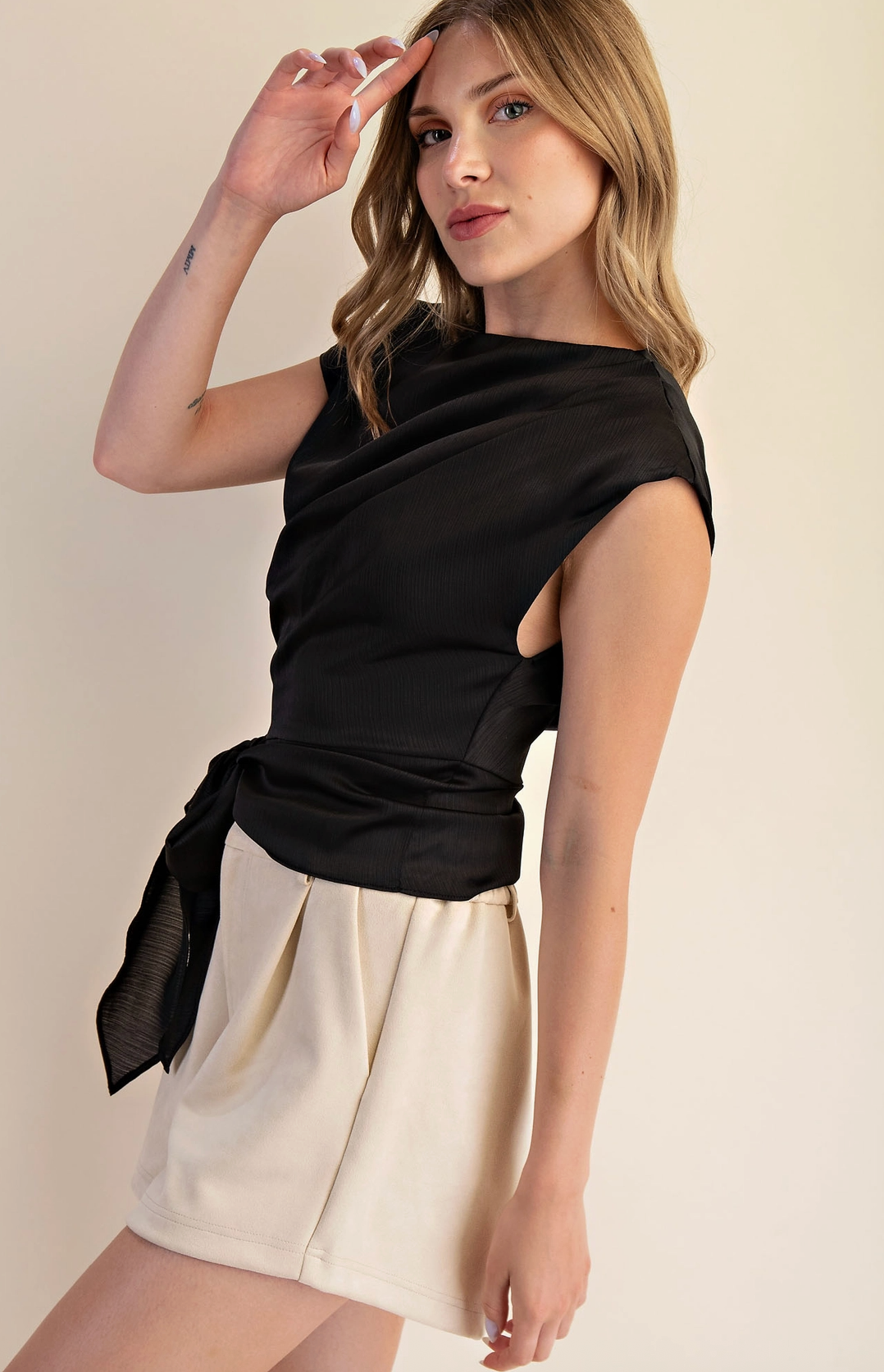 Black Asymmetrical Neckline Bow Tie Waist Top