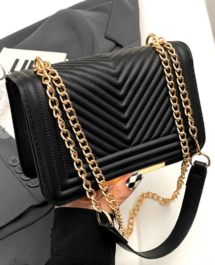 Black & Gold Vegan Leather Adjustable Chain Strap Bag